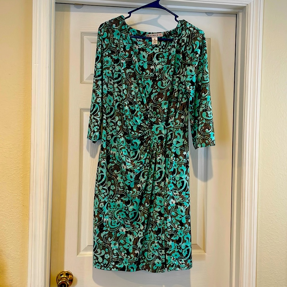 Aqua/ Brown 3/4 Sleeve Midi Dress